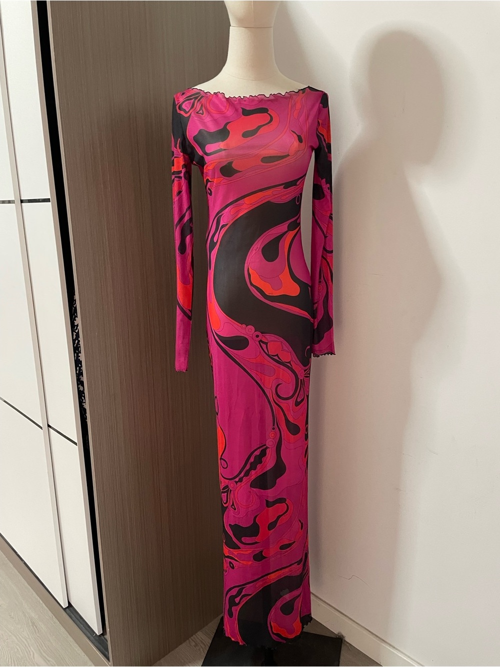 Emilio Pucci Fuchsia, Orange & Black Abstract-Print Long Sleeve Maxi Dress - Picture 2 of 9